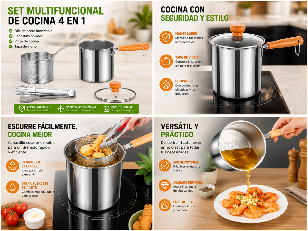 Juego De Freidora, Olla Multiusos Con Tapa y pinzas metálicas